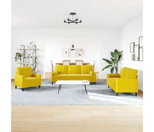 Trīsdaļīgs Dīvānu Komplekts Ar Spilveniem, Dzeltens Samts Vidaxl