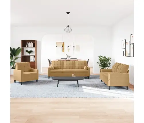 3-Osaline Diivanikomplekt Patjadega, Pruun, Samet