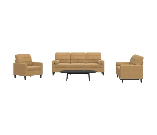 3-Osaline Diivanikomplekt Patjadega, Pruun, Samet