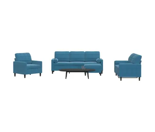 Sofos Komplektas Su Pagalvėlėmis, 4 Dalių, Mėlynas, Aksomas