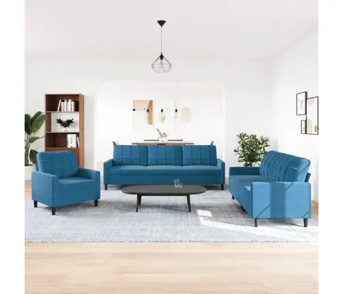 3-Osaline Diivanikomplekt Patjadega, Sinine, Samet