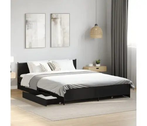Lovos Rėmas Su Stalčiais, Juodas, 150X200cm Apdirbta Mediena