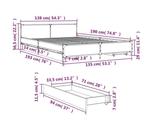 Lovos Rėmas Su Stalčiais, Juodas, 135X190cm Apdirbta Mediena
