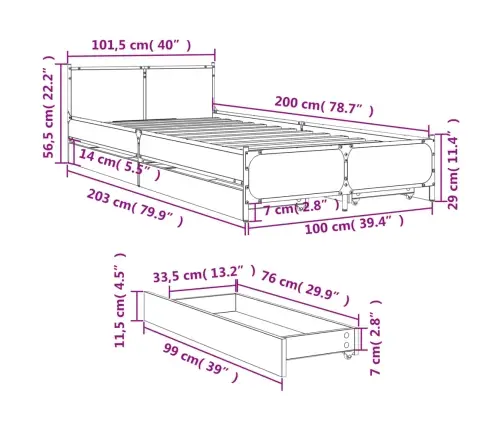 Gultas Rāmis Ar Atvilktnēm, Pelēka Ozola, 100X200 Cm Vidaxl