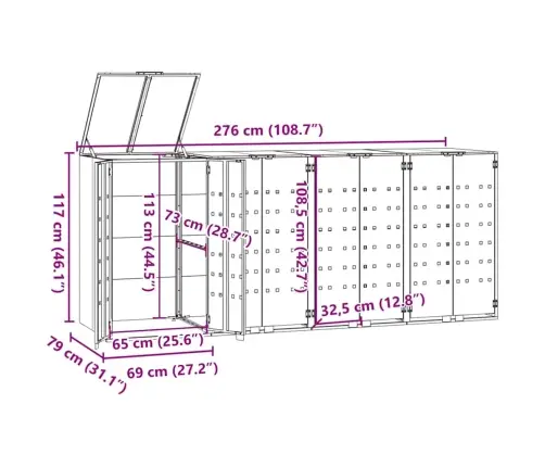 Ratastega Prügikasti Kuur 4 Prügikastile, 276X79X117 cm Teras