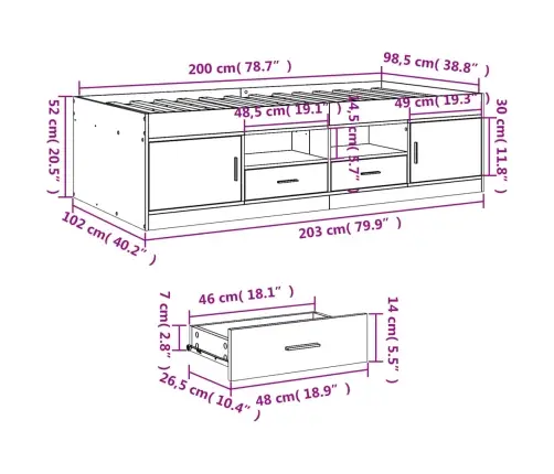 Gulta Ar Atvilktnēm, Bez Matrača, Pelēka, 100X200 Cm Vidaxl