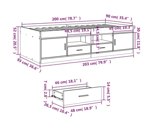 Kušetė Su Stalčiais Be Čiužinio, Ąžuolo Spalvos, 90X200 Cm