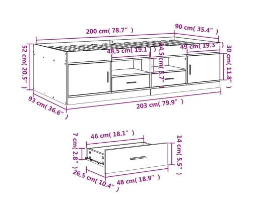 Kušetė Su Stalčiais Be Čiužinio, Dūminio Ąžuolo, 90X200 Cm