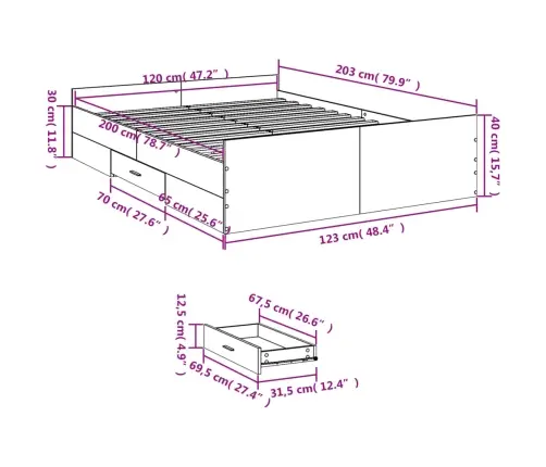 Voodiraam Sahtlitega, Betoonhall, 120 X 200 cm Tehispuit