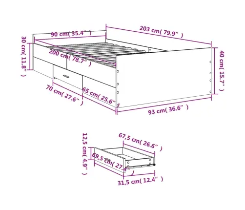 Gultas Rāmis Ar Atvilktnēm, Ozola, 90X200 Cm, Inženierijas Koks Vidaxl