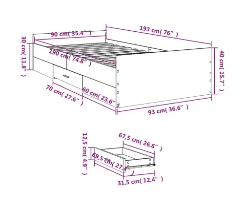 Lovos Rėmas Su Stalčiais, Pilkas Ąžuolo, 90X190cm Mediena