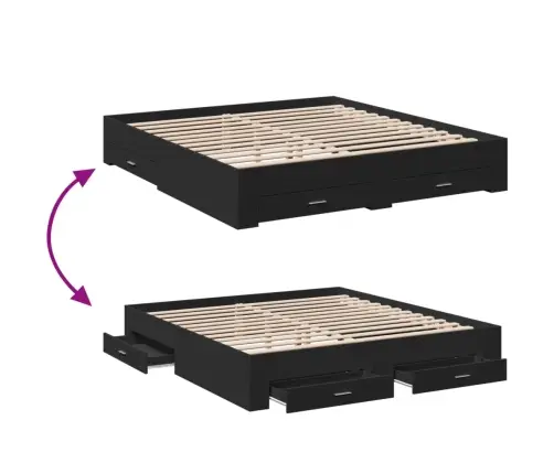 Lovos Rėmas Su Stalčiais, Juodas, 200X200cm Apdirbta Mediena