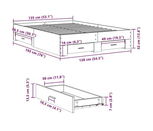 Lovos Rėmas Su Stalčiais, Betono, 135X190cm Apdirbta Mediena