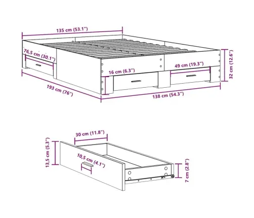 Gultas Rāmis Ar Atvilktnēm, Ozola, 135X190Cm, Inženierijas Koks Vidaxl