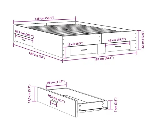 Voodiraam Sahtlitega, Hall Sonoma Tamm, 135 X 190 cm Tehispuit