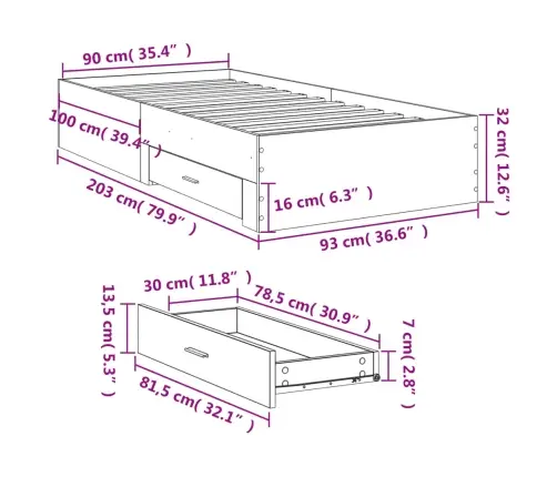 Gultas Rāmis Ar Atvilktnēm, Ozola, 90X200 Cm, Inženierijas Koks Vidaxl