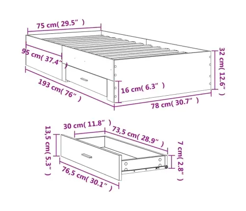 Gultas Rāmis Ar Atvilktnēm, Ozola, 75X190 Cm, Inženierijas Koks Vidaxl