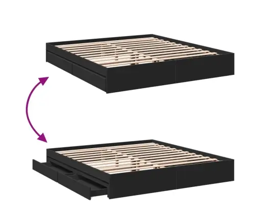 Lovos Rėmas Su Stalčiais, Juodas, 200X200cm Apdirbta Mediena