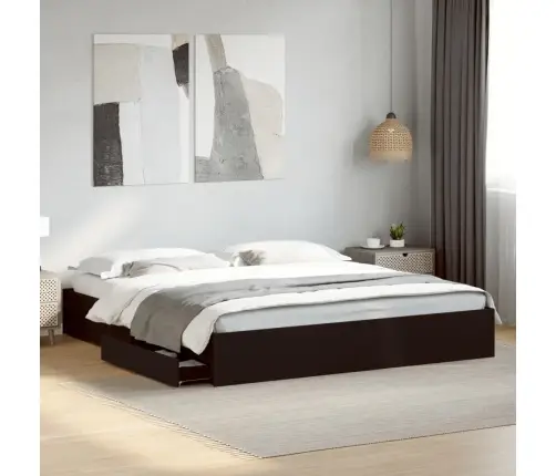 Lovos Rėmas Su Stalčiais, Juodas, 200X200cm Apdirbta Mediena