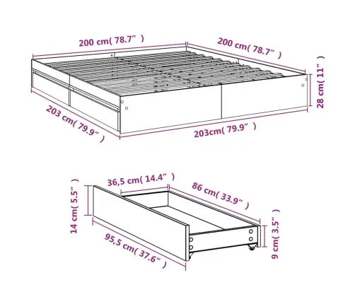 Gultas Rāmis Ar Atvilktnēm, Ozola, 200X200Cm, Inženierijas Koks Vidaxl