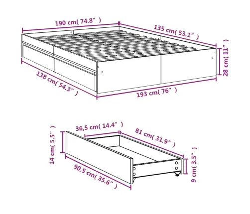 Gultas Rāmis Ar Atvilktnēm, Melns, 135X190Cm, Inženierijas Koks Vidaxl