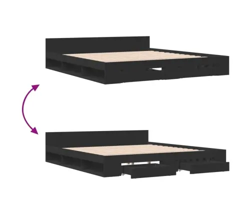 Lovos Rėmas Su Stalčiais, Juodas, 180X200cm Apdirbta Mediena