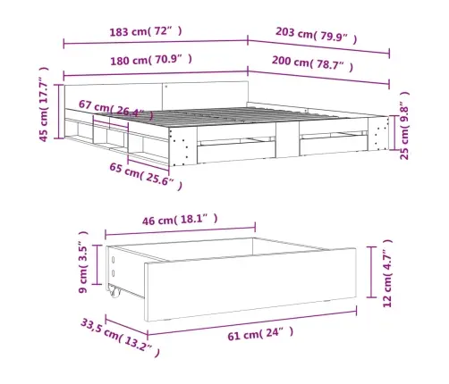 Voodiraam Sahtlitega, Hall Sonoma Tamm, 180 X 200 cm Tehispuit
