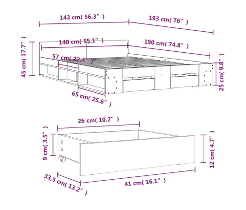 Lovos Rėmas Su Stalčiais, Ąžuolo, 140X190cm Apdirbta Mediena