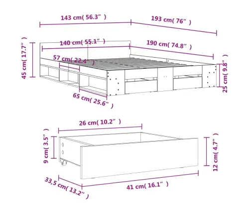 Gultas Rāmis Ar Atvilktnēm, Betona Pelēks, 140X190 Cm Vidaxl
