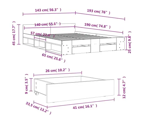 Voodiraam Sahtlitega, Hall Sonoma Tamm, 140X190 cm Tehispuit