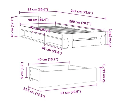 Gultas Rāmis Ar Atvilktni, Ozola, 90X200 Cm, Inženierijas Koks Vidaxl