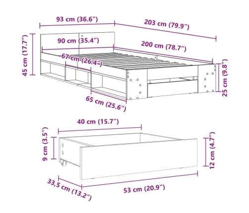 Voodiraam Sahtlitega, Suitsutatud Tamm, 90X200 cm Tehispuit