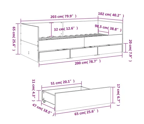 Gulta Ar Atvilktnēm, Bez Matrača, Ozolkoka Krāsa, 100X200 Cm Vidaxl