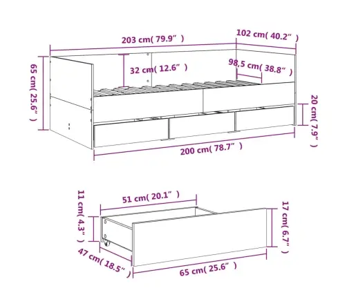 Gulta Ar Atvilktnēm, Bez Matrača, Ozolkoka Krāsa, 100X200 Cm Vidaxl