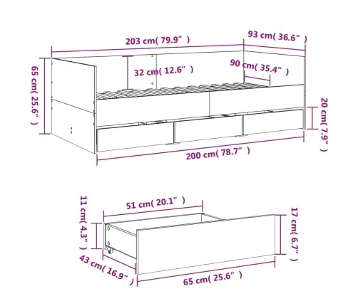 Gulta Ar Atvilktnēm, Bez Matrača, Ozolkoka Krāsa, 90X200 Cm Vidaxl
