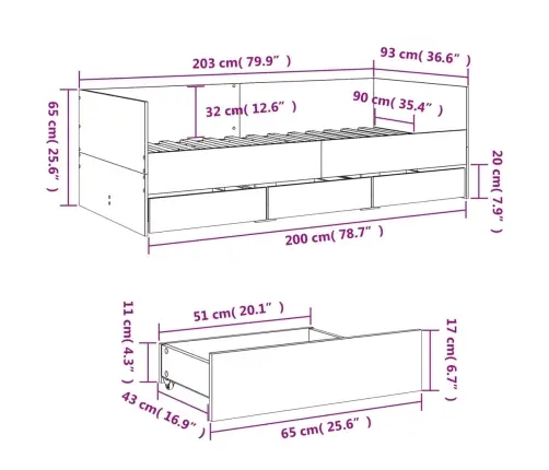 Kušetė Su Stalčiais Be Čiužinio, Ąžuolo Spalvos, 90X200 Cm