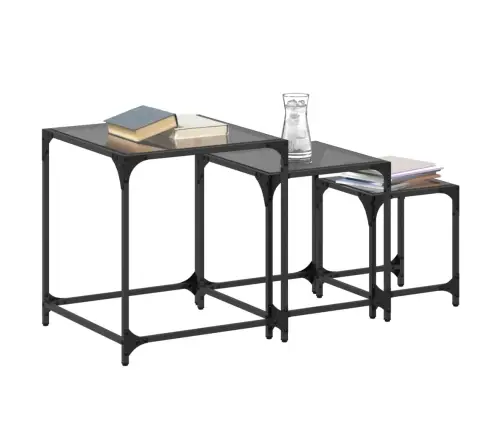 Galdiņi Ar Melnu Stikla Virsmu, 3 Gab., Tērauds Vidaxl Galdiņi Ar Melnu Stikla Virsmu, 3 Gab., Tērauds Vidaxl