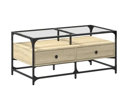 Kafijas Galdiņš Ar Stikla Virsmu Ozola 98,5X50X45 Cm Tērauds Vidaxl