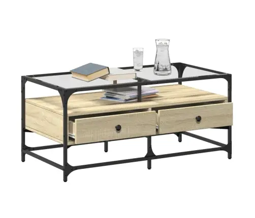 Kafijas Galdiņš Ar Stikla Virsmu Ozola 98,5X50X45 Cm Tērauds Vidaxl