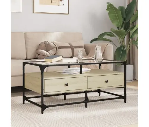 Kafijas Galdiņš Ar Stikla Virsmu Ozola 98,5X50X45 Cm Tērauds Vidaxl