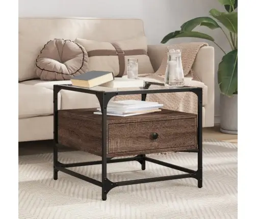 Kafijas Galdiņš Ar Stikla Virsmu Ozola Krāsa 50X50X45Cm Tērauds Vidaxl Kafijas Galdiņš Ar Stikla Virsmu Ozola Krāsa 50X50X45Cm Tērauds Vidaxl