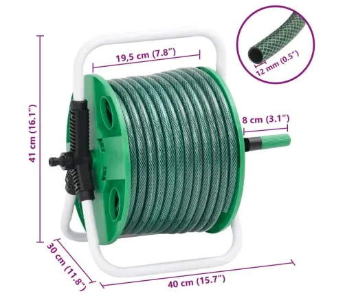 Brīvi Stāvoša Šļūtenes Spole Ar 30 M Pvc Šļūteni, Zaļa Vidaxl