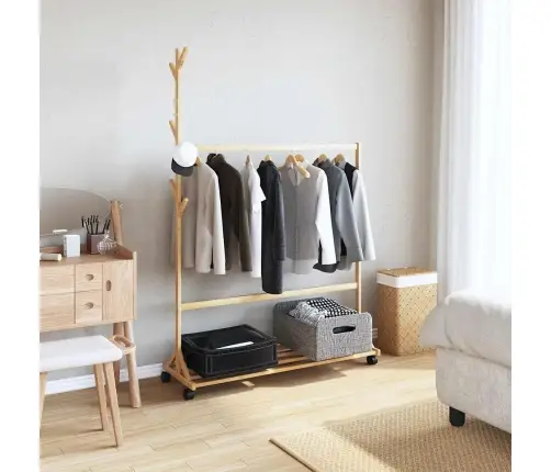 Riidenagi Konksude Ja Ratastega 100X35X157 Cm Bambusest