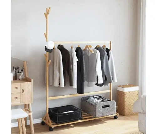 Riidenagi Konksude Ja Ratastega 100X35X157 Cm Bambusest