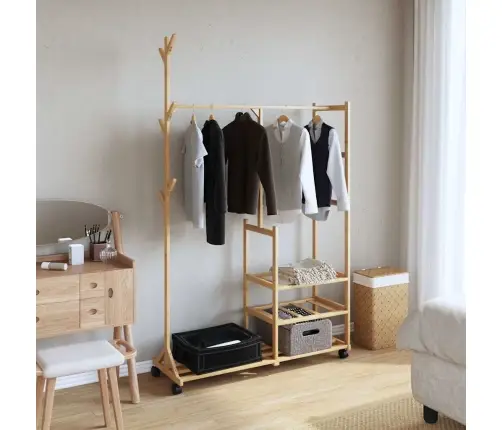 Drēbju Statīvs Ar Plauktiem Un Riteņiem 100X38X175,5 Cm Bambusa Vidaxl