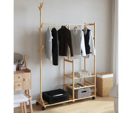 Drēbju Statīvs Ar Plauktiem Un Riteņiem 100X38X175,5 Cm Bambusa Vidaxl