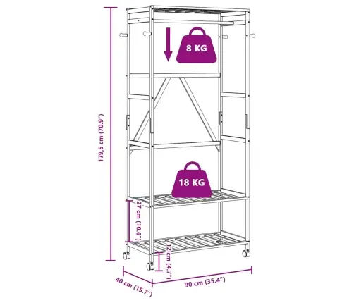 Drēbju Statīvs Ar Plauktiem Un Riteņiem 90X40X179,5 Cm Bambusa Vidaxl