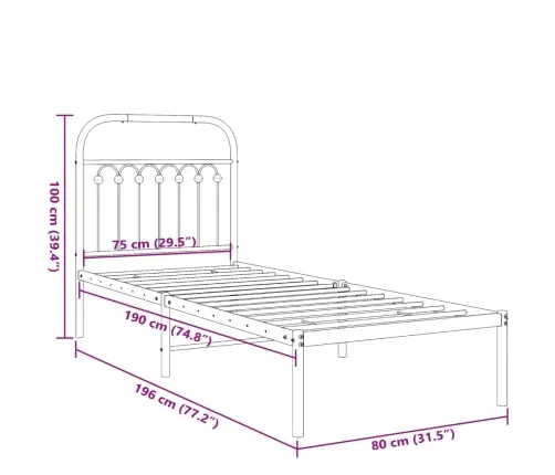 Gultas Rāmis Ar Galvgali, Melns Metāls, 75X190 Cm Vidaxl