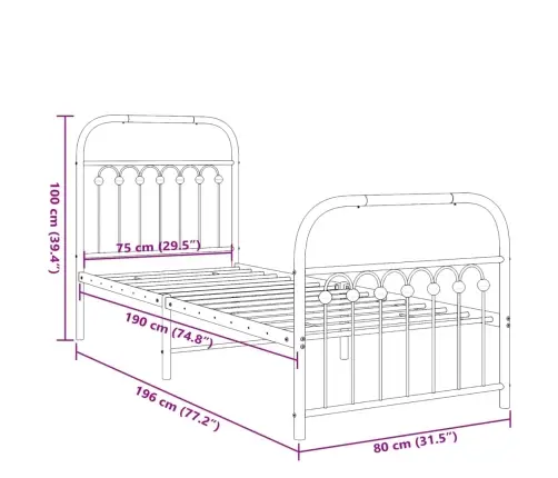 Gultas Rāmis Ar Galvgali Un Kājgali, Melns Metāls, 75X190 Cm Vidaxl