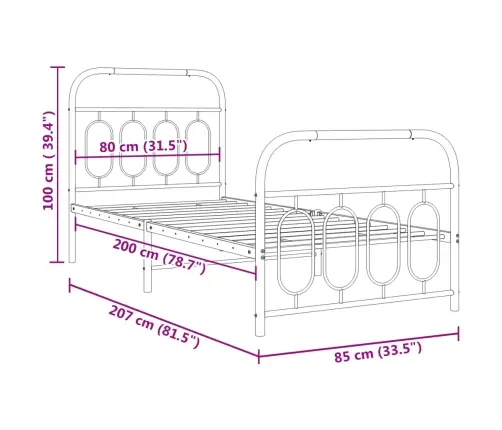 Gultas Rāmis Ar Galvgali Un Kājgali, Balts Metāls, 80X200 Cm Vidaxl